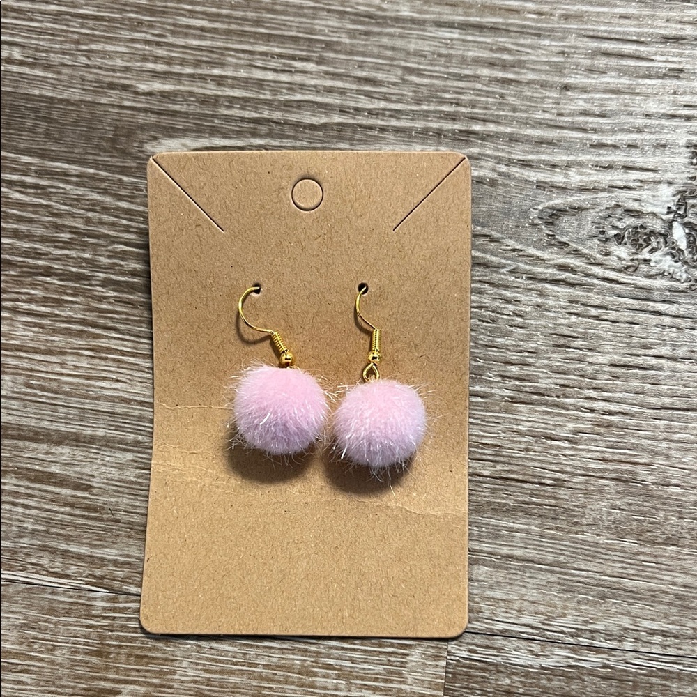 Pink Fluffy Pom Pom NEW Boutique Earrings with Gold Hooks